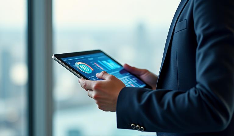 Business professional analysing high-tech data visualisation on a tablet